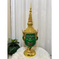 ราคา หัวโขน พระราม ขนาดครอบศรีษะ งานกระดาษ ใส่ตาแก้ว ปิดทองเค ประดับพลอย พร้อมฐานไม้อัดสีแดงฟรี khon mask (56100197481)