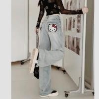 ราคา ใหม่สวัสดีคิตตี้แห่งชาติอินเทรนด์กางเกงยีนส์ปักผู้หญิงสาวร้อนกางเกงตรงกางเกงขากว้างหลวม (16298734266)