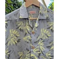 ราคา เสื้อฮาวาย ผ้าลินิน ลายใบไม้ สีเทาสลับเหลือง (27361970344)