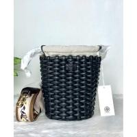 ราคา Tory Burch Emerson Woven Mini Bucket Bag 160648 Black (26694021374)