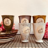 ราคา แก้วน้ำชาดินเผา พร้อมจานรองทรงใบไม้ YUME KIBOU ลายน้องกระต่าย มือสอง จากญี่ปุ่น (28721624966)