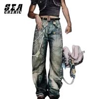 ราคา SEACHENIC กางเกงยีนส์วินเทจผู้ชาย High Street ฮิปฮอปโซ่พิมพ์กางเกงยีนส์ (28087254984)