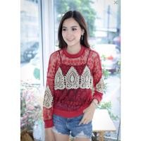 ราคา เสื้อแขนยาว ผ้าตาข่ายซีทรู ปักไหมทอง คอกลม สีแดง (44320010798)