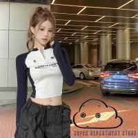 ราคา Super-ผู้หญิง ́ เสื้อครอปฤดูใบไม้ร่วงแขนยาวซิปคอพิมพ์ตัวอักษรตัดกัน Raglan ไหล่เสื้อยืดแฟชั่น (28415056277)