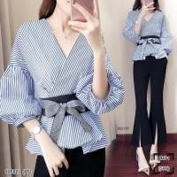 ราคา เซ็ต 2 ชิ้น เสื้อคอวีป้ายหน้า แขนพอกพร้อมกางเกงขายาวทรงขาม้า ชายกางเกงผ่าแหวกด้านหน้า 2 ข้าง (1830754264)