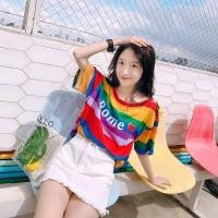 ราคา Shop_mklพร้อมส่ง เสื้อยืดลายทาง สีรุ้ง ทรงหลวม ขนาดใหญ่ใส่สบาย สำหรับผู้หญิง #9024 (25975138717)