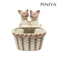 ราคา Piniya พินิยา - กระถางต้นไม้ แมว เซรามิก รุ่นแมวคู่เกาะตะกร้า ลายวิเชียรมาศ ไม่เคลือบ (1731090150)