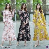 ราคา ชุดเดรสยาวแขนยาวลายดอก สี ครีม ดำ เหลือง ใส่เที่ยวทะเลชิลๆพริ้วๆ CL2732 TW14489 (9516447572)