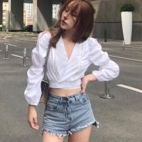 ราคา เสื้อครอป แขนยาว ลูกคลื่น ลูกไม้ ฉลุ ทรงไขว้หน้า โบว์ เอว สไตล์เกาหลี (1957017826)