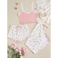 ราคา เซ็ท3ชิ้น ชุดนอนเสื้อ กางเกงขาสั้นและกางเกงขายาวลายลูกไม้ลายดอกไม้ Ditsy ของผู้หญิง (27111962197)