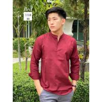 ราคา เสื้อเชิ้ตผู้ชายสีแดงเลือดหมู ผ้าOxford คอจีนผ่า แขนยาว ใส่สบายระบายความร้อนได้ดี (9149317198)