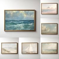 ราคา Vintage Neutral Seascape Blue Ocean Fine Art Beach Wave Coastal โปสเตอร์ผ้าใบภาพวาด Wall Art ภาพตกแต่งบ้านของขวัญ (29478375929)