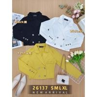 ราคา สไตล์เกาหลี Blazer ผู้หญิงสีเหลืองสีดําสีขาวผ้าฝ้ายผ้าลินิน Double Breasted Jacket 3 ปุ่มบน Cuffs (26137) (23760604007)