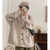 ราคา เกาหลีขี้เกียจคอวีแจ็คเก็ตถักคอวีแจ็คเก็ตที่อบอุ่นแจ็คเก็ตที่อบอุ่นสบายๆหลวมขนาดใหญ่ถักเสื้อกันหนาวคาร์ดิแกนแจ็คเก็ตกระดุมถักกระเป๋าเสื้อก (41476629455)