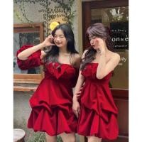 ราคา เดรสสั้นเกาะอกผ้ากำมะหยี่สีแดง ต่อแขนตุ๊กตา มีซับใน (18586708231)