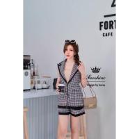 ราคา (m,3xl)ชุดเข้าเซตผู้หญิง ชุดเซต 2 ชิ้น เสื้อสูท+กางเกงขาสั้น ลายชิโนริ งานป้าย lady sunshine (19416056223)