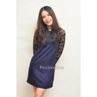 ราคา 092-010 HM เดรสสีพื้นซิปหลังแขนยาวลูกไม้ สีกรม (4759129102)