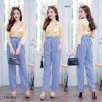 ราคา G9451 Set เสื้อแขนยาวไหล่เฉียง + กางเกงขายาวลายริ้ว (2293660040)