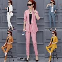 ราคา 0425 Set 2 ชิ้น เสื้อแขนยาวปกสูท ปกกล้วย+กางเกงขายาว เอวสม้อค ชุดทำงาน (22175779580)