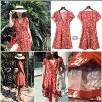 ราคา เดรสสีแดงลายดอก เดรสลายดอกสีแดง แดงอมส้มๆ เดรสป้ายหน้าลายดอก (1647102324)