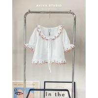 ราคา ￼Aviva studio เสื้อแขนตุ๊กตาชายระบายปักสตอเบอรี่ (15398715369)