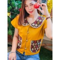 ราคา F1068 เสื้อคอบัวเหลืองไพร แขนล้ำ สวย ครอป พื้นเมืองล้านนา (28526906751)