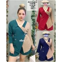 ราคา ชุดเซ็ตสาวอวบ เสื้อแขนยาว+ กางเกงขาสั้น ผ้ายืดวูลเวฟ แนวทูโทนสีเนื้อ (18725377597)