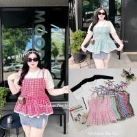 ราคา เสื้อเชต 2 ชิ้น เสื้อยืด+สายเดียวลายสก๊อต แต่งลูกไม้ สายผูกโบว์ไหล่ งานน่ารัก plussize สาวอวบ (28510921253)