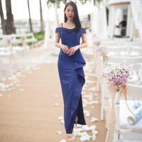 ราคา ชุดราตรี ชุดออกงาน ชุดไปงานแต่งงานสีน้ำเงิน สายเดี่ยว เปิดไหล่ เอวแต่งระบาย (8112643261)