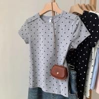 ราคา Y6Y - เสื้อยืดแขนสั้นลายจุดสีเทา | ลำลองเสื้อครอป เสื้อยืดทรงซ้อคอกลม สีเทา สีดำ สีขาว (29573878258)