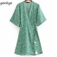 ราคา พร้อมส่ง เดรสสั้นใส่สบายๆ เครสลายดอกเขียว Green Floral Print Summer Dress Women Short Sleeve Wrap Dress (9741472229)
