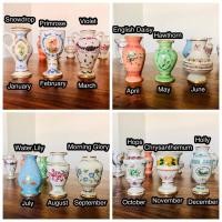 ราคา ชุดแจกัน 12 เดือน เนื้อกระเบื้อง ลายดอกไม้วาดมือ แตกต่างในแต่ละเดือน Vtg 1982 Franklin Porcelain Miniature Vases Jan-Dec (28423272642)