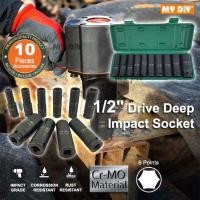 ราคา MYDIYSDNBHD - 10pcs 10mm- 24mm 1/2" Drive Deep Impact Socket CR-MO Heavy Duty Impact Wrench Dr Socket Set (22368832977)