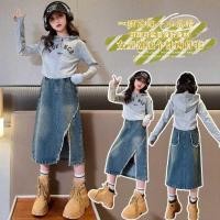 ราคา ชุดสาววัยรุ่นกางเกงยีนส์กระโปรงด้านบนสีเทาเสื้อกันหนาวหมวกนําเข้าพรีเมี่ยม (29087931869)