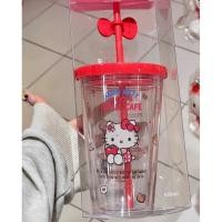 ราคา แก้วน้ำพลาสติก 2 ชั้น ลาย Hello Kitty Apple Cafe งานเกาหลี ฝาปิดแบบหมุน พร้อมหลอดติดโบว์แดงสุดน่ารัก ความจุ 450 ML (40405798484)