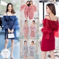 ราคา ST981 เดรสปาดไหล่ สายเดี่ยวผุกไหล่ แต่งระบายผ้าแก่ว แขนระบาย 3 ชั้น งานน่ารักมาก (24589251546)