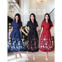 ราคา (MELISSA-MLS12752)SMLXL2XL เสื้อผ้าผู้หญิง midi ชุดคอวีแขนสั้นฤดูร้อนสไตล์ใหม่ผ้าบาติกผ้า midi ชุด (54101891411)