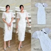 ราคา S M L มือ1 WINE LADA เดรสใส่ออกงานแขนตุ๊กตาสีขาว แต่งปักเพรชและขนนก ใส่สวยเด่นสุดๆ ป้าย WINE LADA (29556777779)