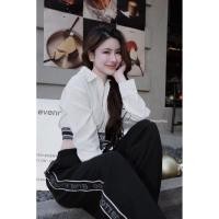 ราคา Y78 เซต2ชื้น เสื้อเชิ้ตครอป แต่งขอบยางแบรนแมทช์กับกางเกงขายาวสีดำ ทรงสวย (42201408409)