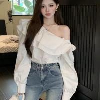 ราคา เสื้อปาดไหล่ผู้หญิง ไหล่เฉียง ระบายอก แขนยาวพอง ทรงสวย สไตล์เกาหลี สีขาว (52556295078)