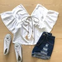 ราคา เสื้อแขนระบายแต่งขนนก (ขาว,ดำ) (240301972)