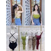 ราคา KITTY บอดี้สูทสายเดี่ยวไขว้หลัง ขยุ้มข้างผ้าเรย่อน ผ้ายืดเนื้อเด้ง (22376715409)