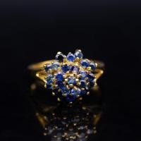 ราคา แหวนพลอยไพลินบางกะจะจันทบุรี( BLUE SAPPHIRE ) ตัวเรือนเงินแท้92.5%ชุบทองคำ พลอยสีน้ำเงิน ไซส์ 54 / 7 US (18091908572)