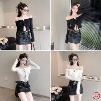 ราคา New2023 เสื้อแขนยาวปาดไหล่ อกแต่งผูกร้อยเชือกยาว 2 สี (28473259654)