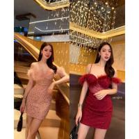 ราคา Merjes มินิเดรสสายเดี่ยวทรงเกาะอกแต่งขนนกแขนดีเทลปาดไหล่ (26725789331)