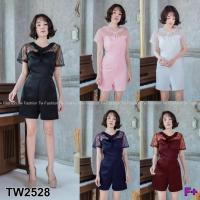 ราคา J2528 Jumpsuit จั๊มสูท คอระบายตัดต่อผ้าลูกไม้ซีทรู ผูกโบว์หน้า (2285221241)