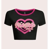 ราคา พร้อมส่ง เสื้อยืด เสื้อครอป เอวลอย แขนสั้น สีดำ ลายกัวใจ ตัด สีชมพู ริงเกอร์ คอกลม (27126886133)