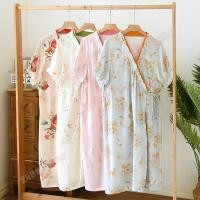 ราคา ญี่ปุ่นกิโมโนยูกาตะชุดนอนผู้หญิงฤดูร้อนเส้นใยไม้ไผ่ผ้ากอซคู่แขนสั้นเสื้อคลุมอาบน้ําลูกไม้ขึ้นกระโปรงยาว (40703494853)