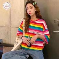 ราคา SALABO(พร้อมส่ง) เสื้อยืดoversize ลายทาง สีรุ้งสดใส สไตล์เกาหลี Stripped T-shirts พร้อมส่ง#009 (5919481780)