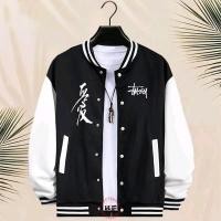 ราคา Haye Fashion - เสื้อแจ็คเก็ตเบสบอล Unisex ปุ่ม Stussy Text Japan White Varsity Zipper Jacket (25441048470)